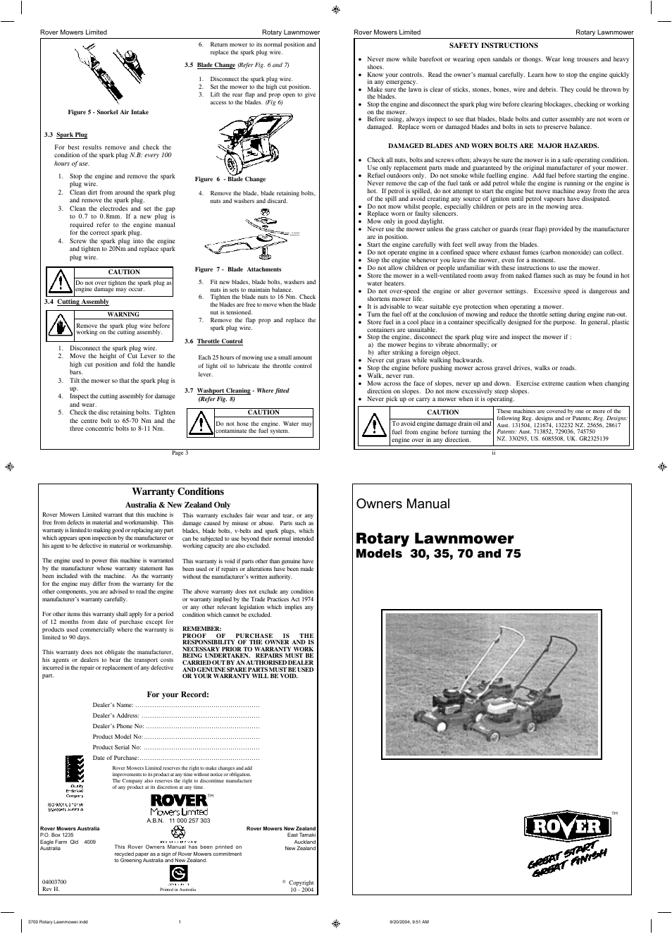 Rotary lawnmower, Owners manual, Warranty conditions | Rover 30 User Manual | Page 3 / 8