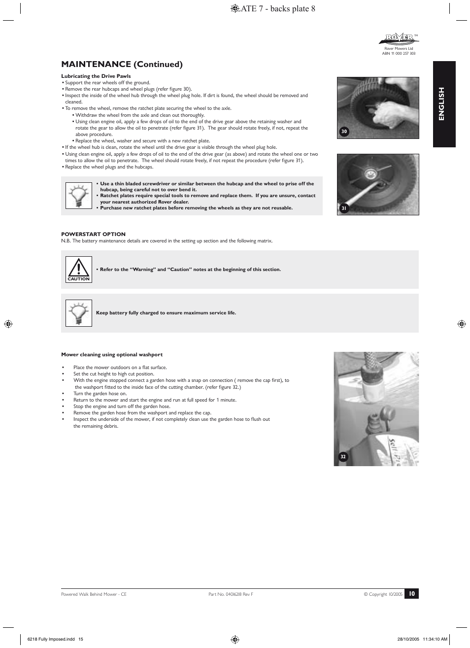 Maintenance (continued), Plate 7 - backs plate 8, English | Rover 51 User Manual | Page 13 / 92