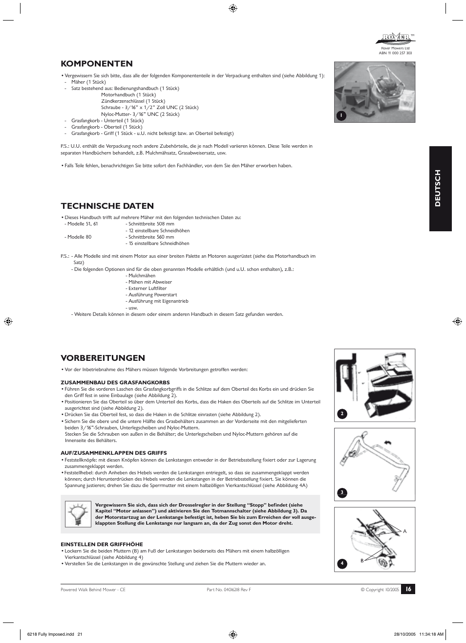 Technische daten, Vorbereitungen, Komponenten | Sicherheitshinweise, Deutsch | Rover 51 User Manual | Page 19 / 92