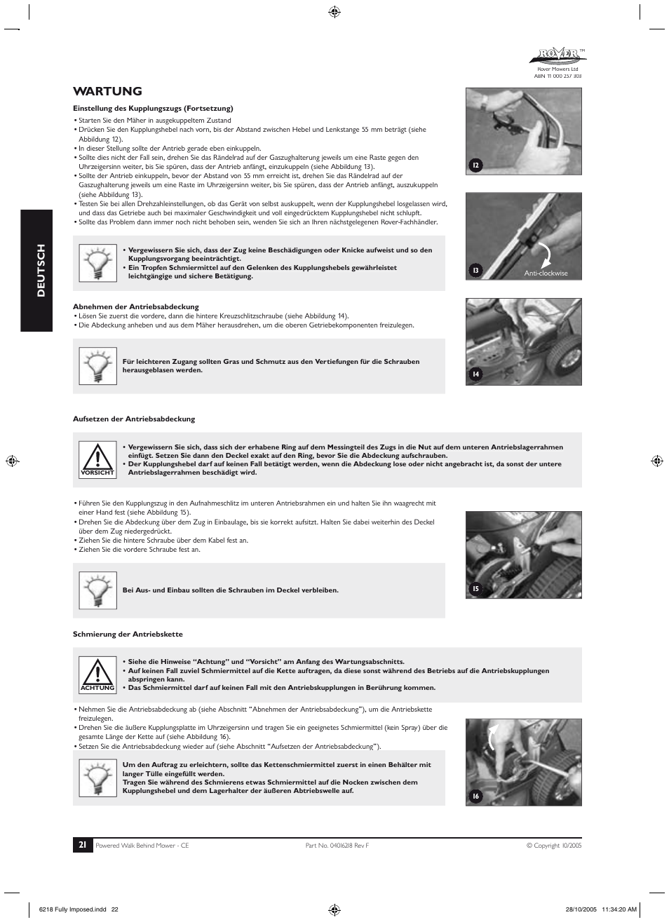 Betrieb, Wartung, Deutsch | Rover 51 User Manual | Page 24 / 92