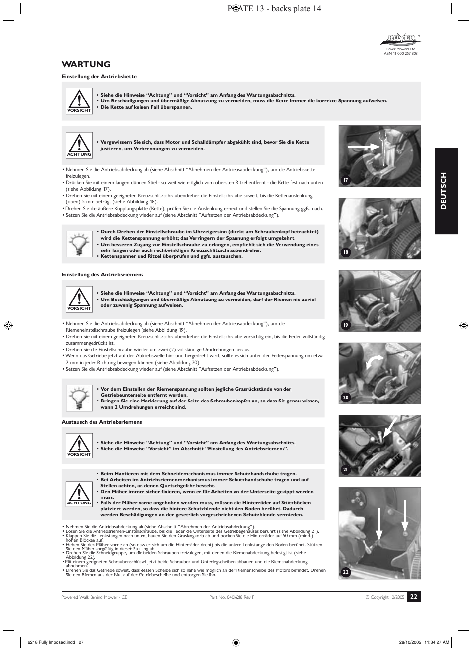 Wartung, Plate 13 - backs plate 14 | Rover 51 User Manual | Page 25 / 92