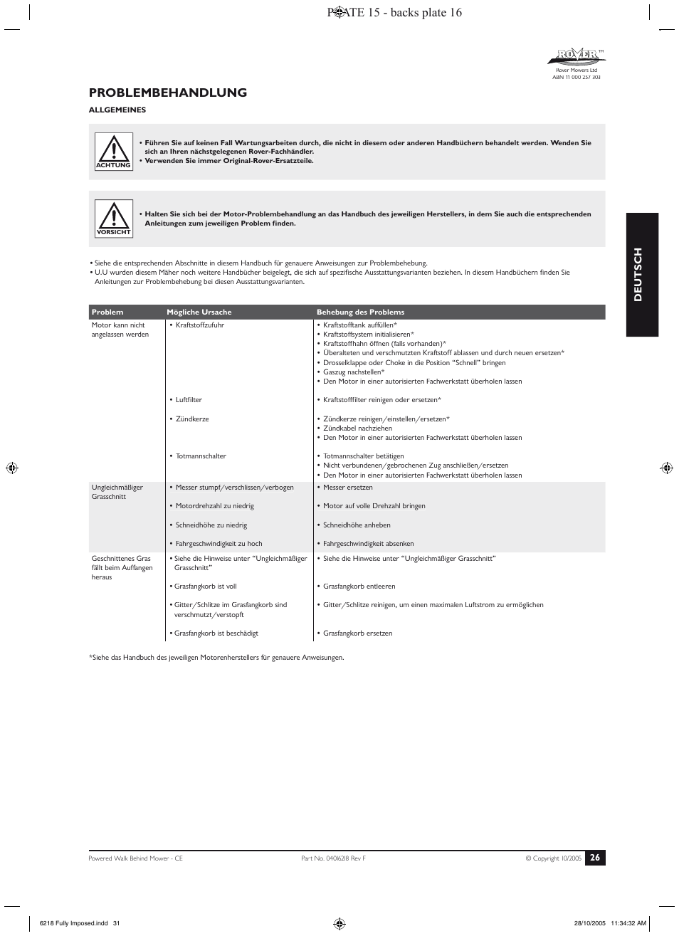 Problembehandlung, Directives de sécurité, Plate 15 - backs plate 16 | Deutsch, Fr ançais | Rover 51 User Manual | Page 29 / 92