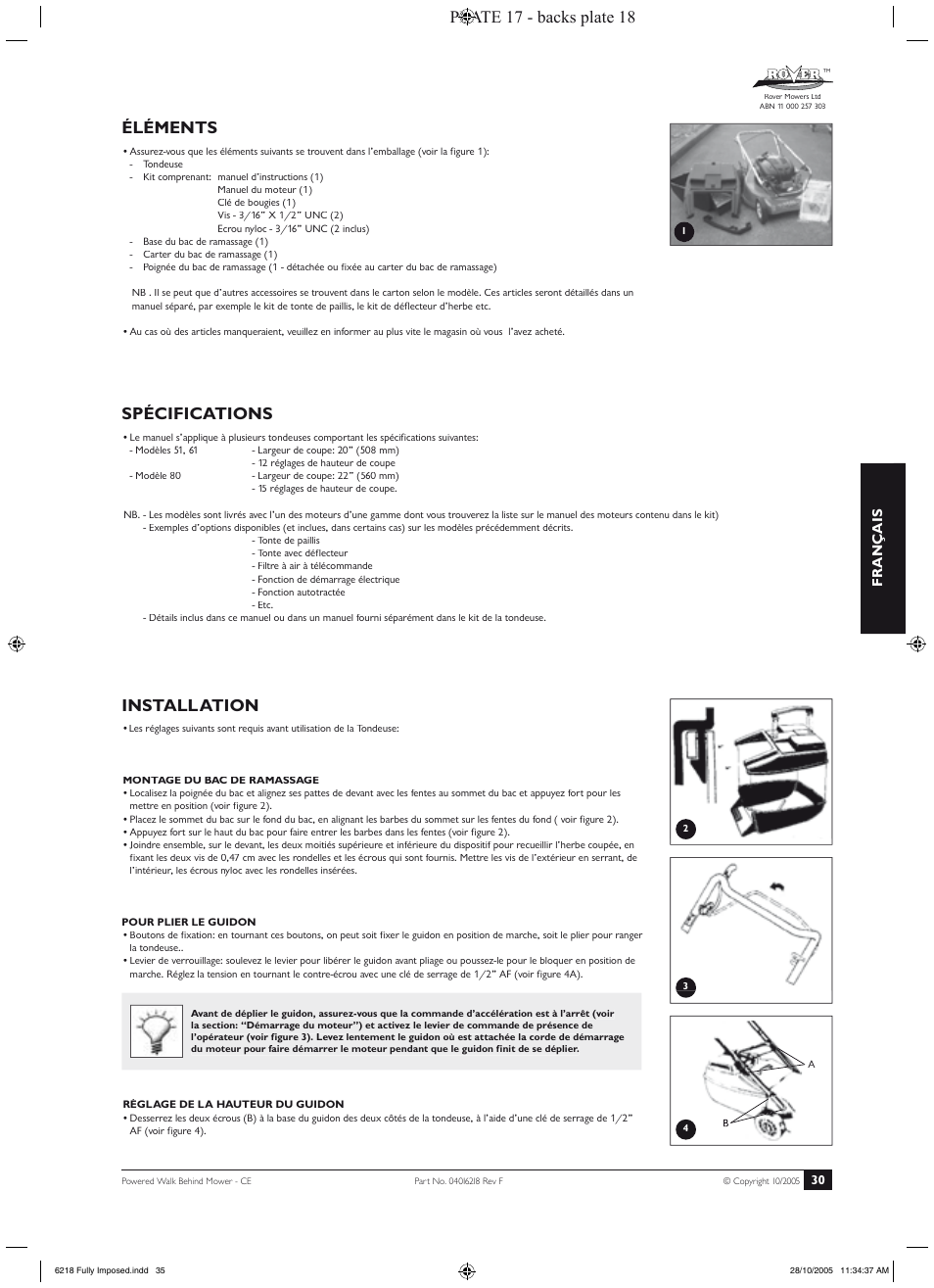 Spécifications, Installation, Éléments | Utilisation (suite), Entretien, Plate 17 - backs plate 18, Fr ançais | Rover 51 User Manual | Page 33 / 92