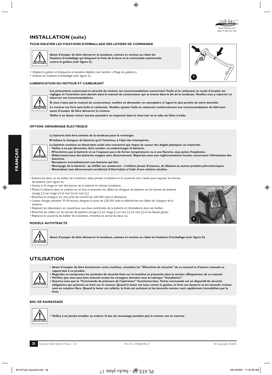 Installation (suite), Utilisation, Utilisation (suite) | Plate 18 - backs plate 17, Fr ançais | Rover 51 User Manual | Page 34 / 92
