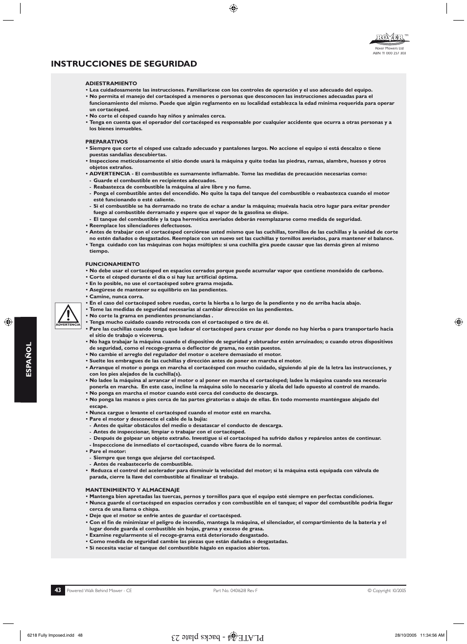 Instrucciones de seguridad, Datos técnicos, Instalación | Partes, Plate 24 - backs plate 23, Esp añol | Rover 51 User Manual | Page 46 / 92