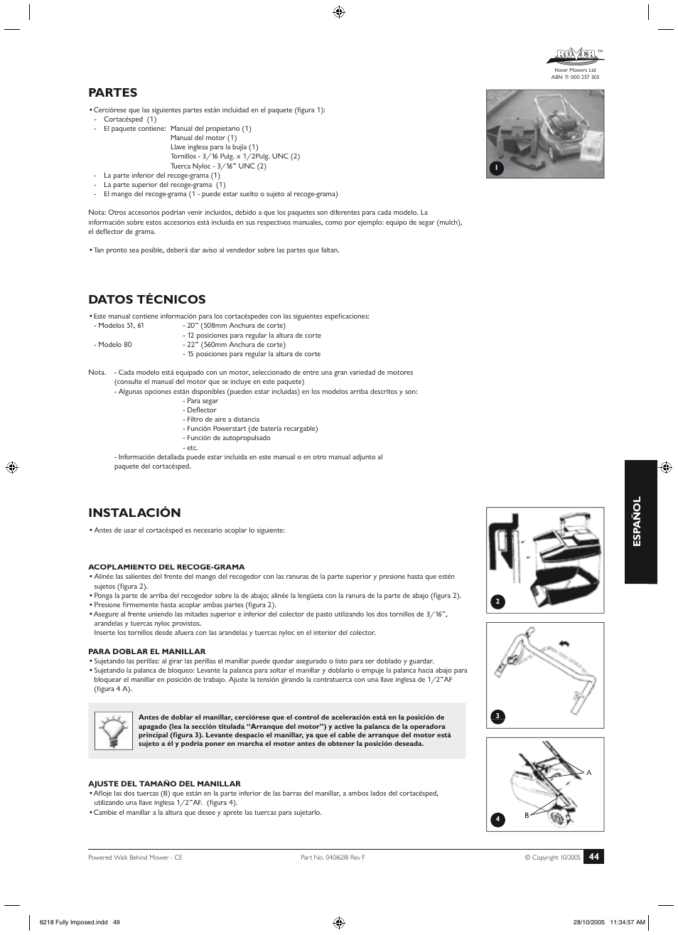 Instrucciones de seguridad, Datos técnicos, Instalación | Partes, Esp añol | Rover 51 User Manual | Page 47 / 92