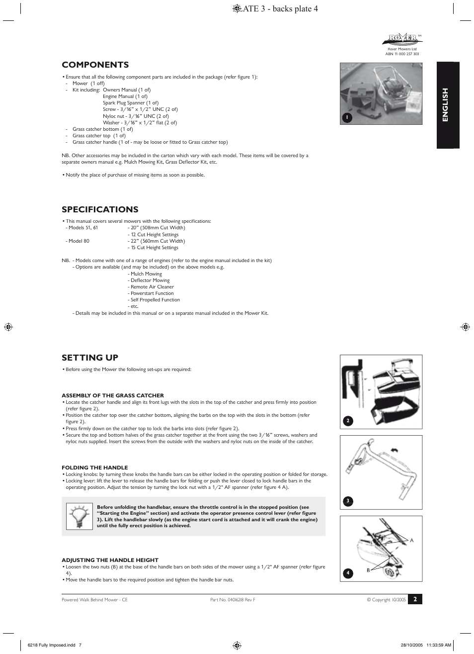 Operation (continued), Maintenance, Specifications | Setting up, Components, Plate 3 - backs plate 4, English | Rover 51 User Manual | Page 5 / 92