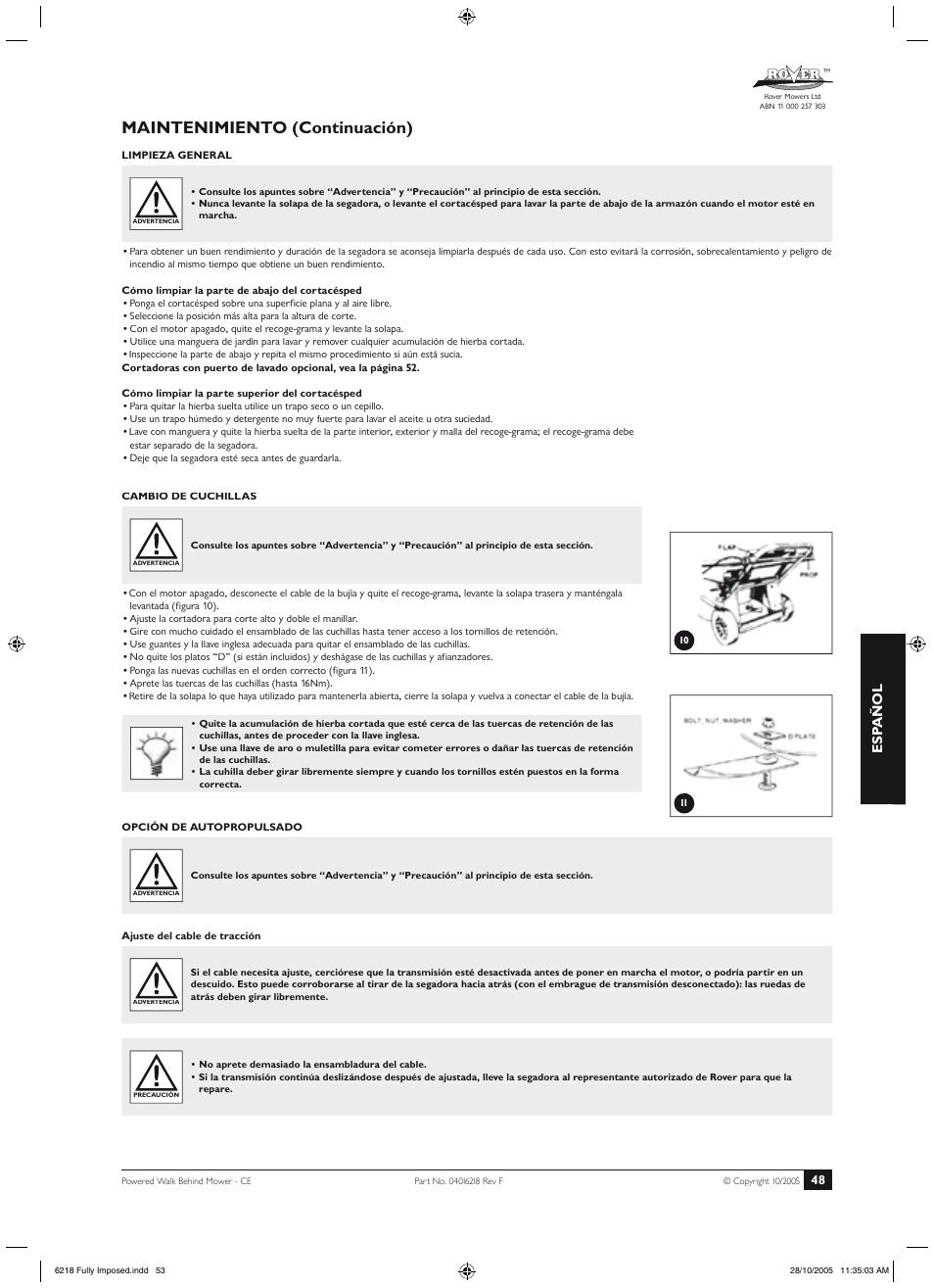 Funcionamiento (continuación), Mantenimiento, Maintenimiento (continuación) | Esp añol | Rover 51 User Manual | Page 51 / 92