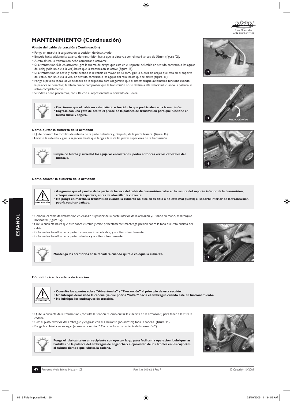 Funcionamiento (continuación), Mantenimiento (continuación), Esp añol | Rover 51 User Manual | Page 52 / 92