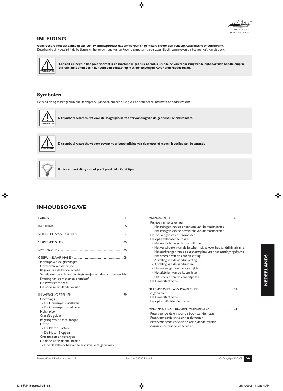 Inleiding, Symbolen, Inhoudsopgave | Esp añol, Nederl ands | Rover 51 User Manual | Page 59 / 92