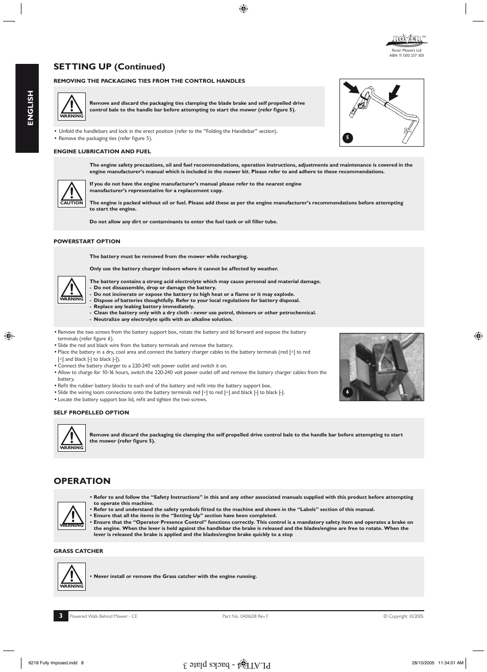 Operation (continued), Setting up (continued), Operation | Plate 4 - backs plate 3, English | Rover 51 User Manual | Page 6 / 92