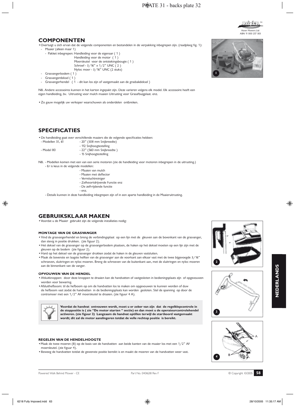 Specificaties, Gebruiksklaar maken, Componenten | Onderhoud, Plate 31 - backs plate 32, Nederl ands | Rover 51 User Manual | Page 61 / 92