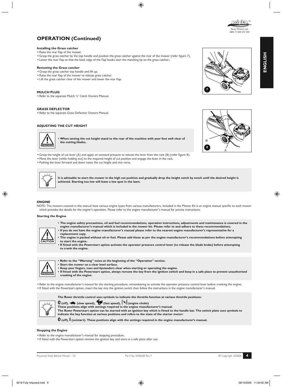 Operation (continued), Setting up (continued), Operation | English | Rover 51 User Manual | Page 7 / 92