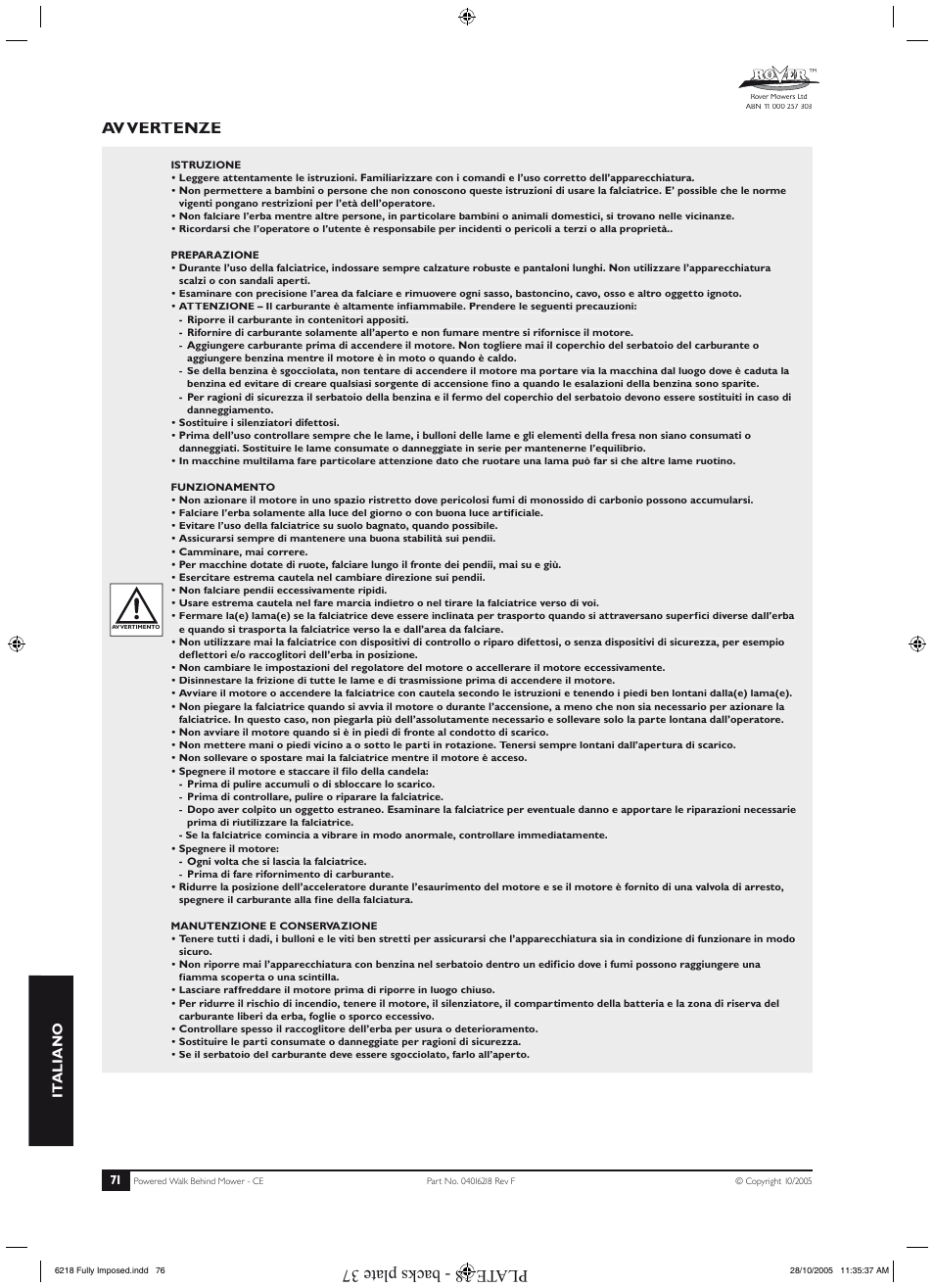 Avvertenze, Specificazioni, Preparazione | Componenti, Plate 38 - backs plate 37, It aliano | Rover 51 User Manual | Page 74 / 92