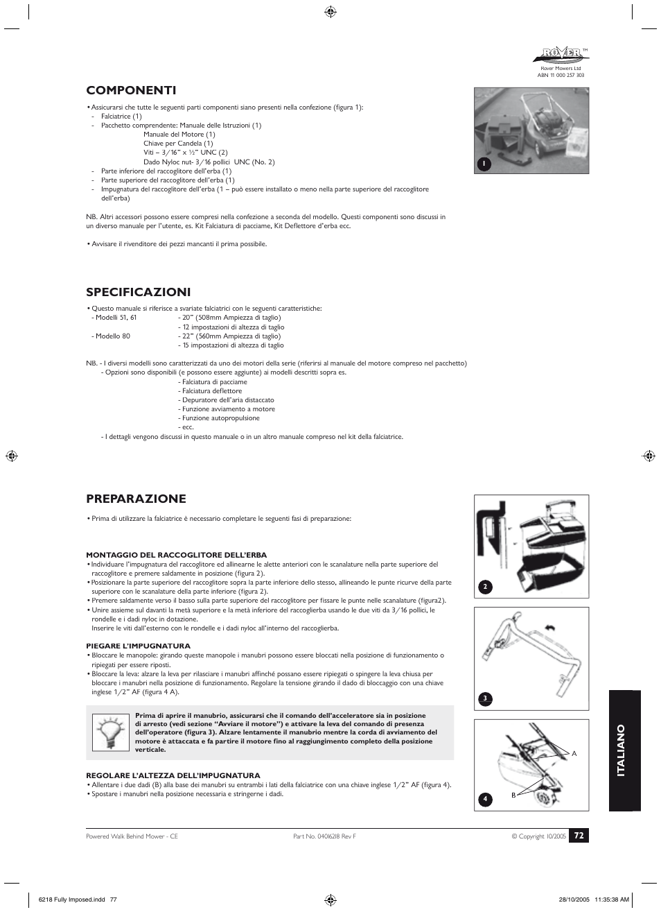 Avvertenze, Specificazioni, Preparazione | Componenti, It aliano | Rover 51 User Manual | Page 75 / 92