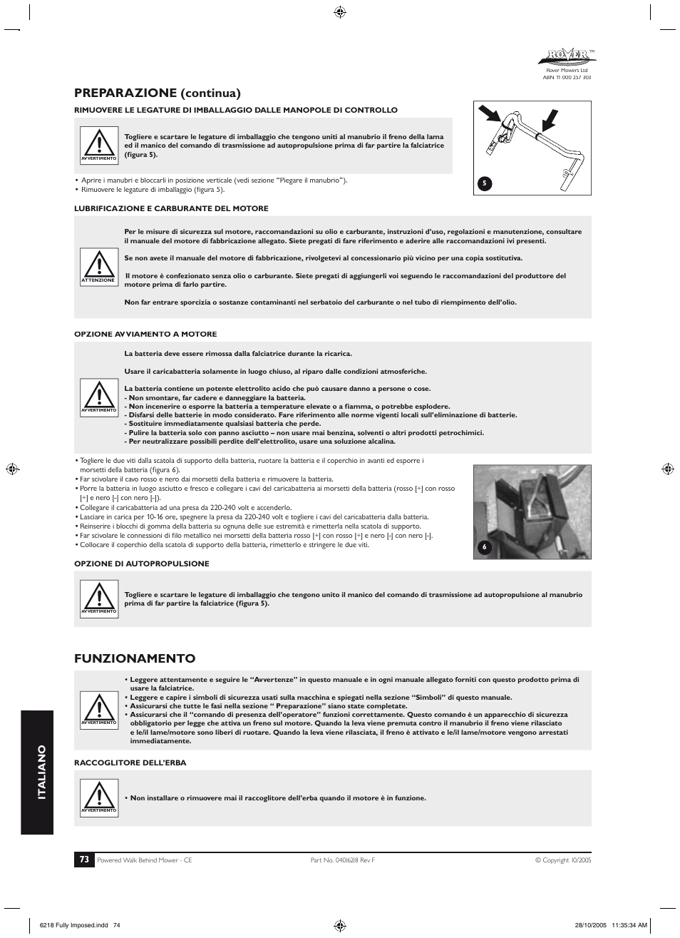 Prefazione, Simboli, Indice | Preparazione (continua), Funzionamento, It aliano | Rover 51 User Manual | Page 76 / 92