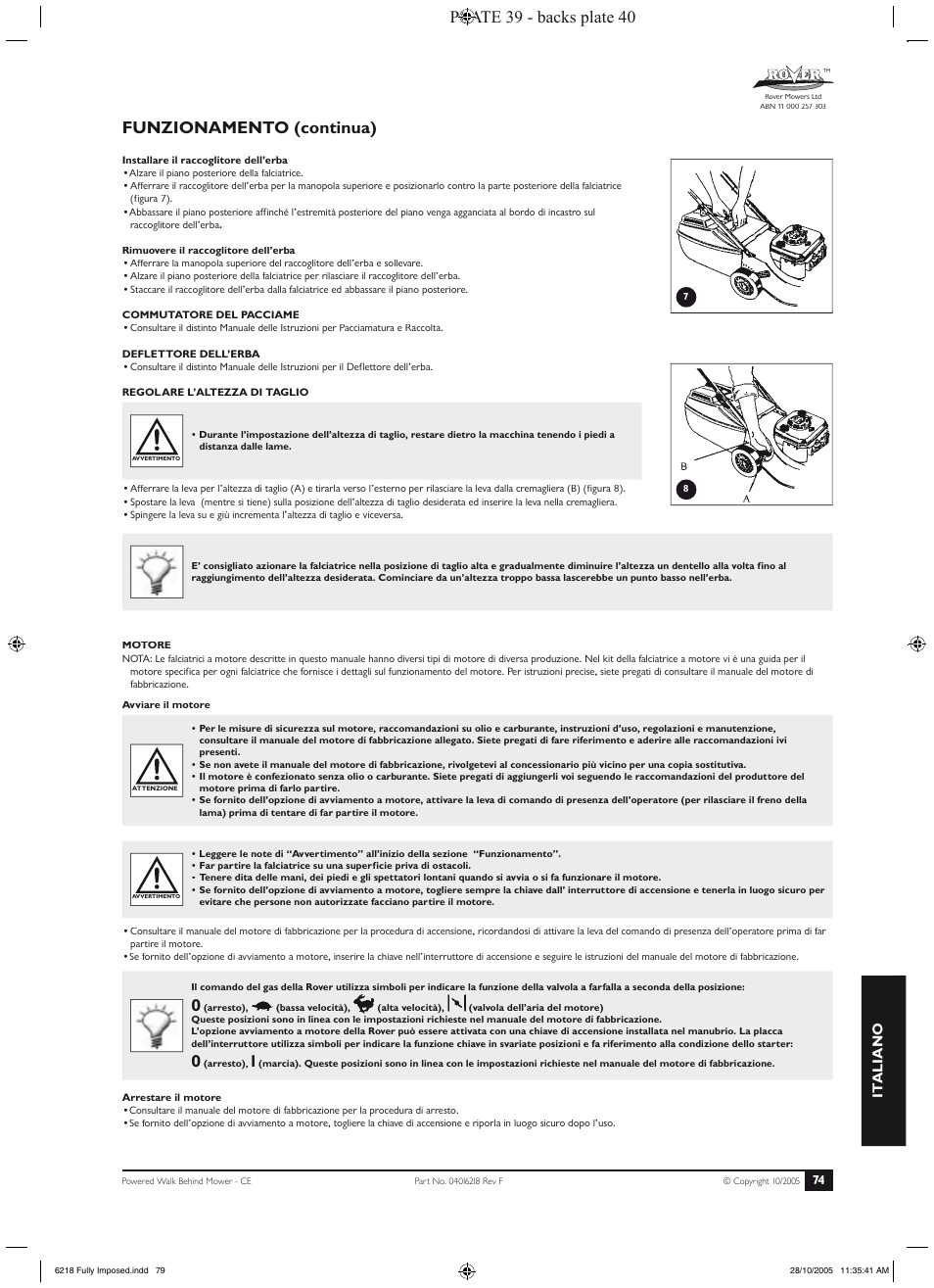 Funzionamento (continua), Manutenzione (continua), Plate 39 - backs plate 40 | It aliano | Rover 51 User Manual | Page 77 / 92