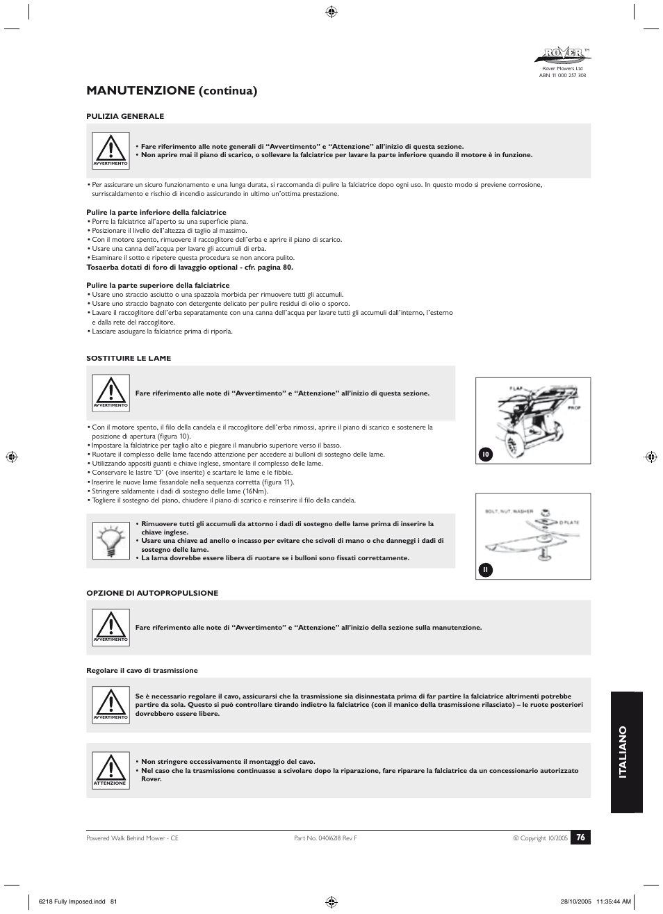 Funzionamento (continua), Manutenzione, Manutenzione (continua) | It aliano | Rover 51 User Manual | Page 79 / 92