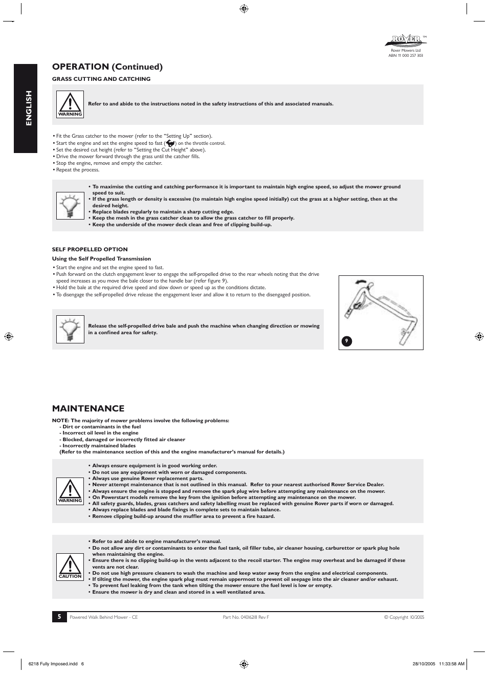 Operation (continued), Maintenance, Specifications | Setting up, Components, English | Rover 51 User Manual | Page 8 / 92