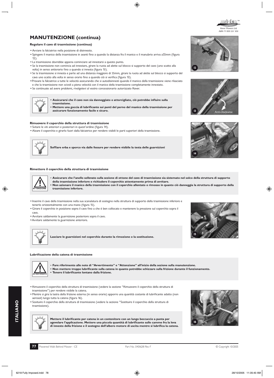 Funzionamento (continua), Manutenzione (continua), It aliano | Rover 51 User Manual | Page 80 / 92