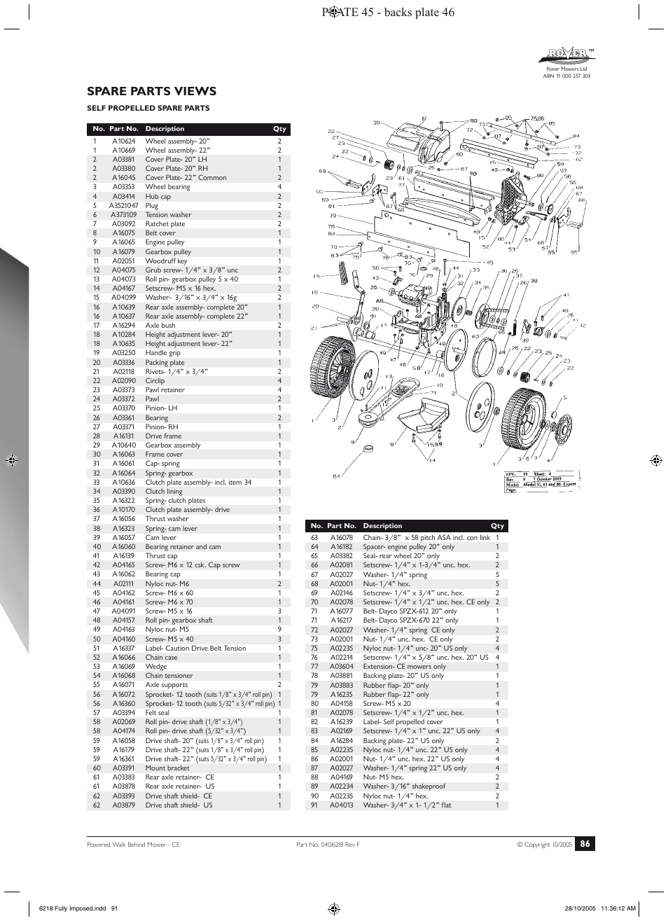 Spare parts views, Plate 45 - backs plate 46 | Rover 51 User Manual | Page 89 / 92