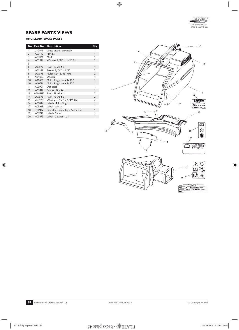 Spare parts views, Plate 46 - backs plate 45 | Rover 51 User Manual | Page 90 / 92