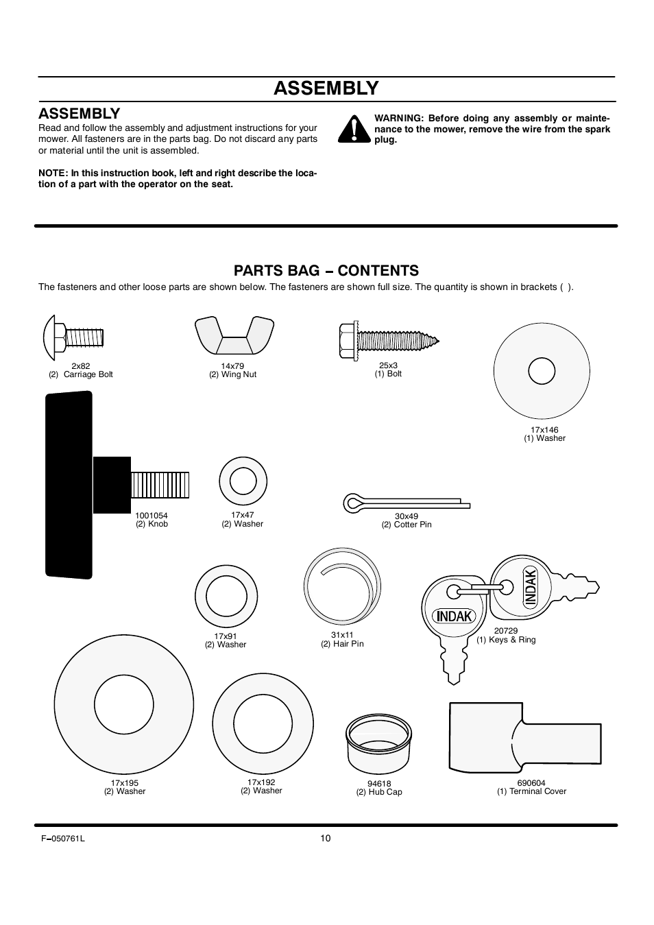 Assembly, Parts bag contents | Rover 425621x108A User Manual | Page 10 / 52
