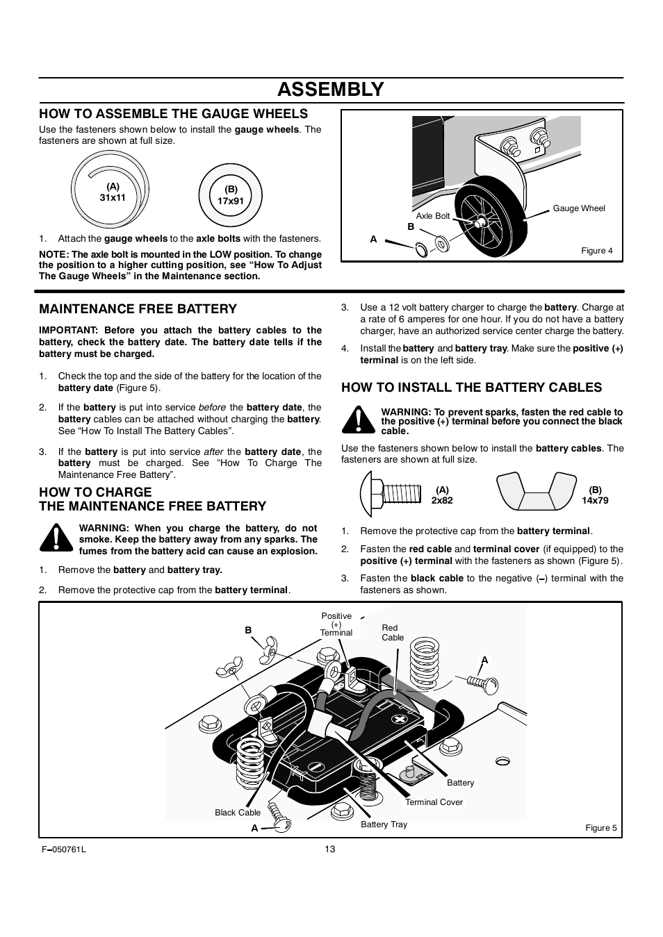 Assembly, How to assemble the gauge wheels, Maintenance free battery | How to charge the maintenance free battery, How to install the battery cables | Rover 425621x108A User Manual | Page 13 / 52