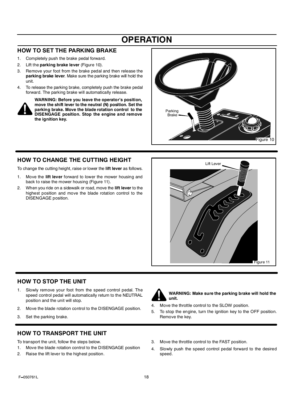 Operation, How to set the parking brake, How to change the cutting height | How to stop the unit, How to transport the unit | Rover 425621x108A User Manual | Page 18 / 52