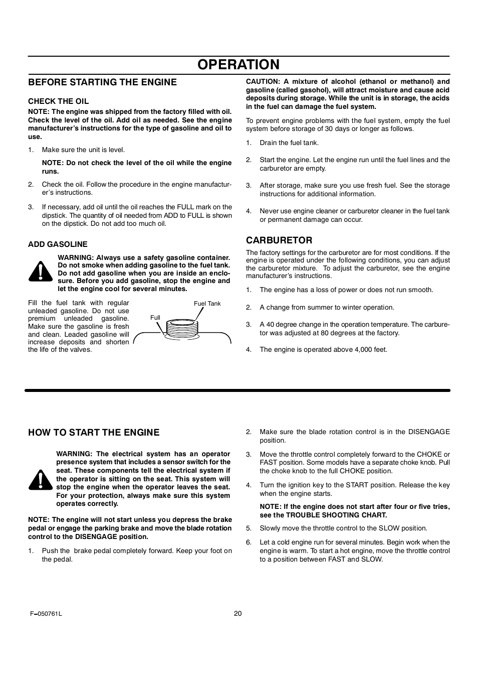 Operation, Before starting the engine, Carburetor | How to start the engine | Rover 425621x108A User Manual | Page 20 / 52