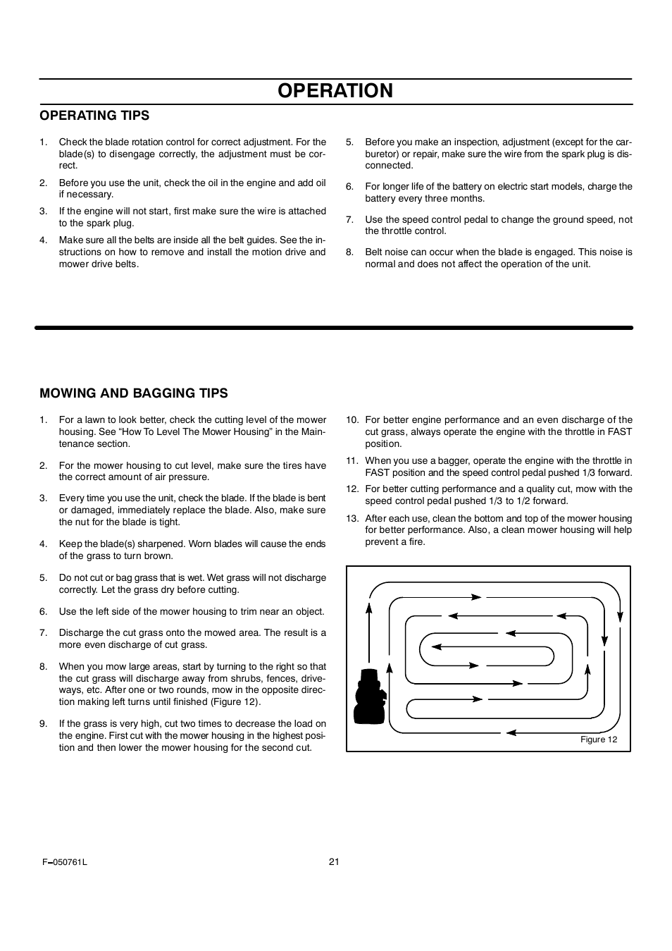 Operation, Operating tips, Mowing and bagging tips | Rover 425621x108A User Manual | Page 21 / 52