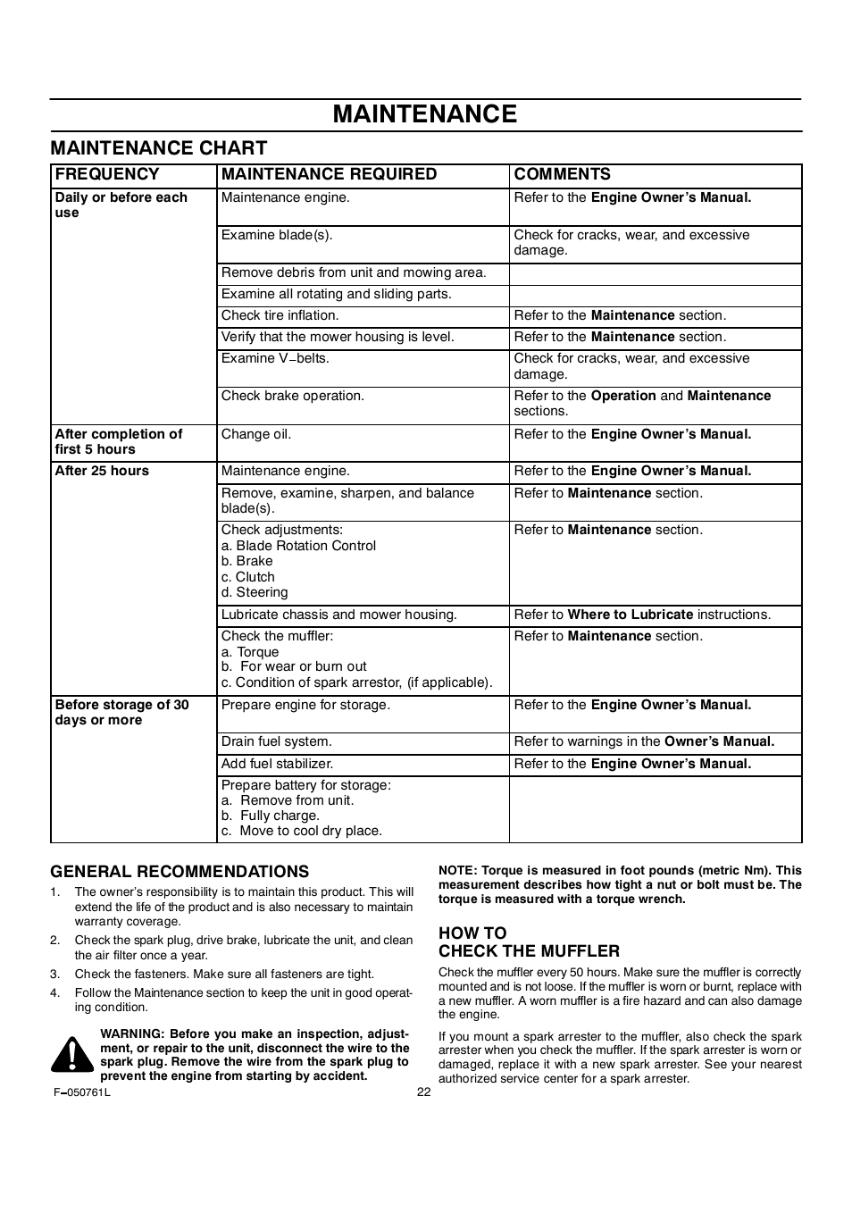 Maintenance, Maintenance chart | Rover 425621x108A User Manual | Page 22 / 52