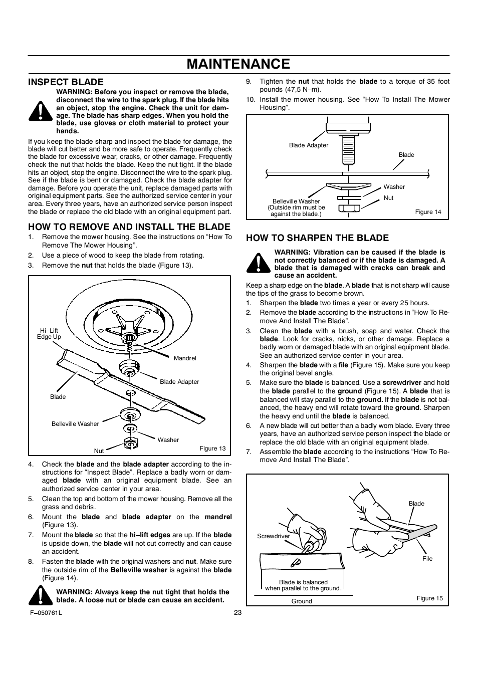 Maintenance, Inspect blade, How to remove and install the blade | How to sharpen the blade | Rover 425621x108A User Manual | Page 23 / 52