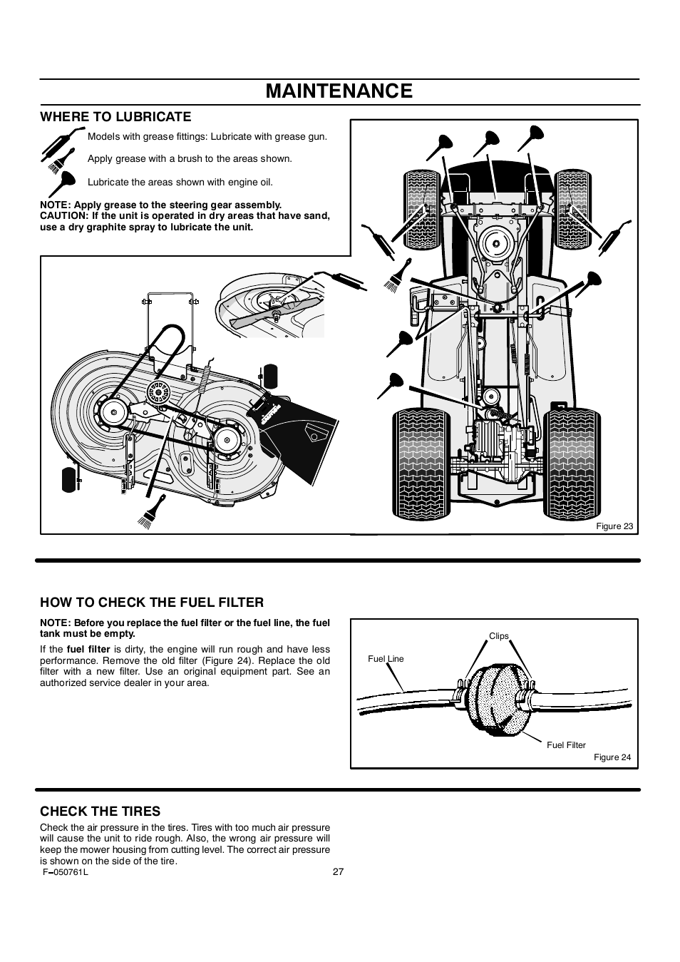 Maintenance, Where to lubricate, How to check the fuel filter | Check the tires | Rover 425621x108A User Manual | Page 27 / 52