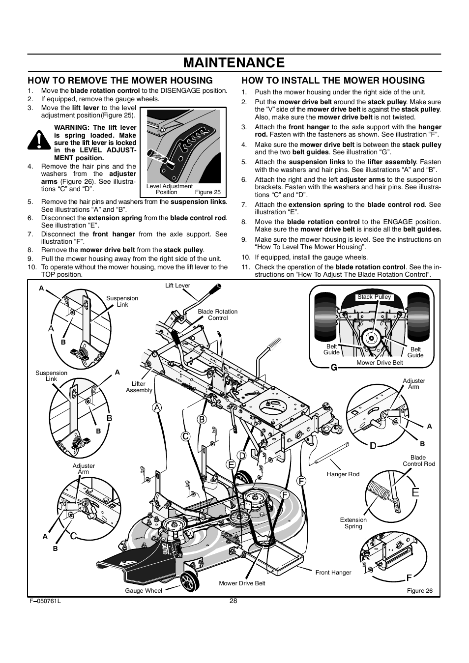 Maintenance, How to remove the mower housing, How to install the mower housing | Rover 425621x108A User Manual | Page 28 / 52