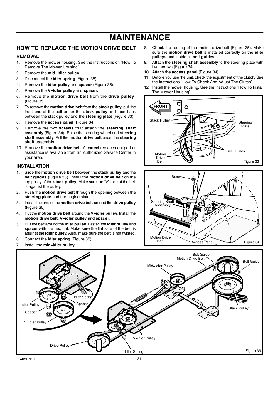 Maintenance, How to replace the motion drive belt | Rover 425621x108A User Manual | Page 31 / 52