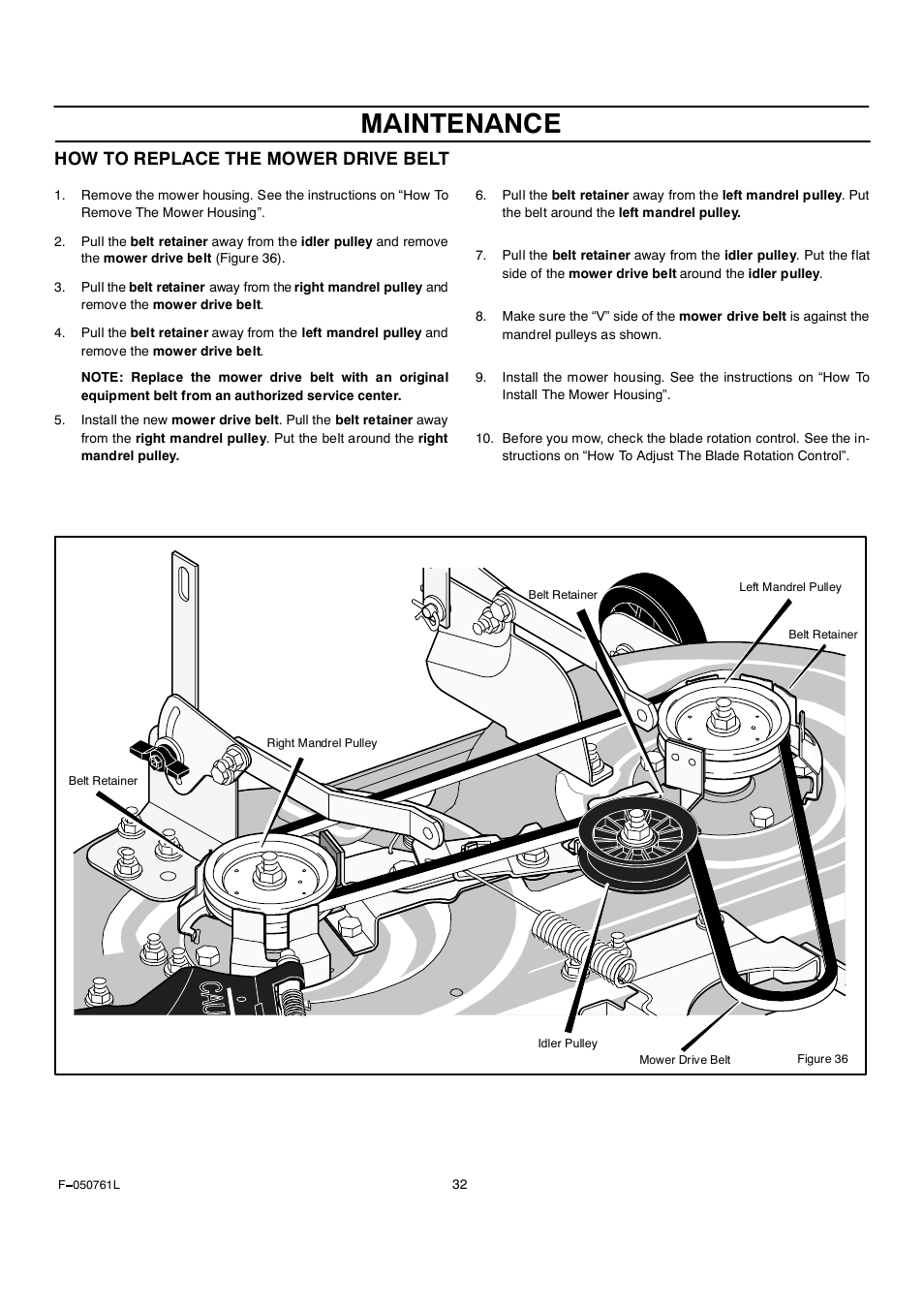 Maintenance, How to replace the mower drive belt | Rover 425621x108A User Manual | Page 32 / 52