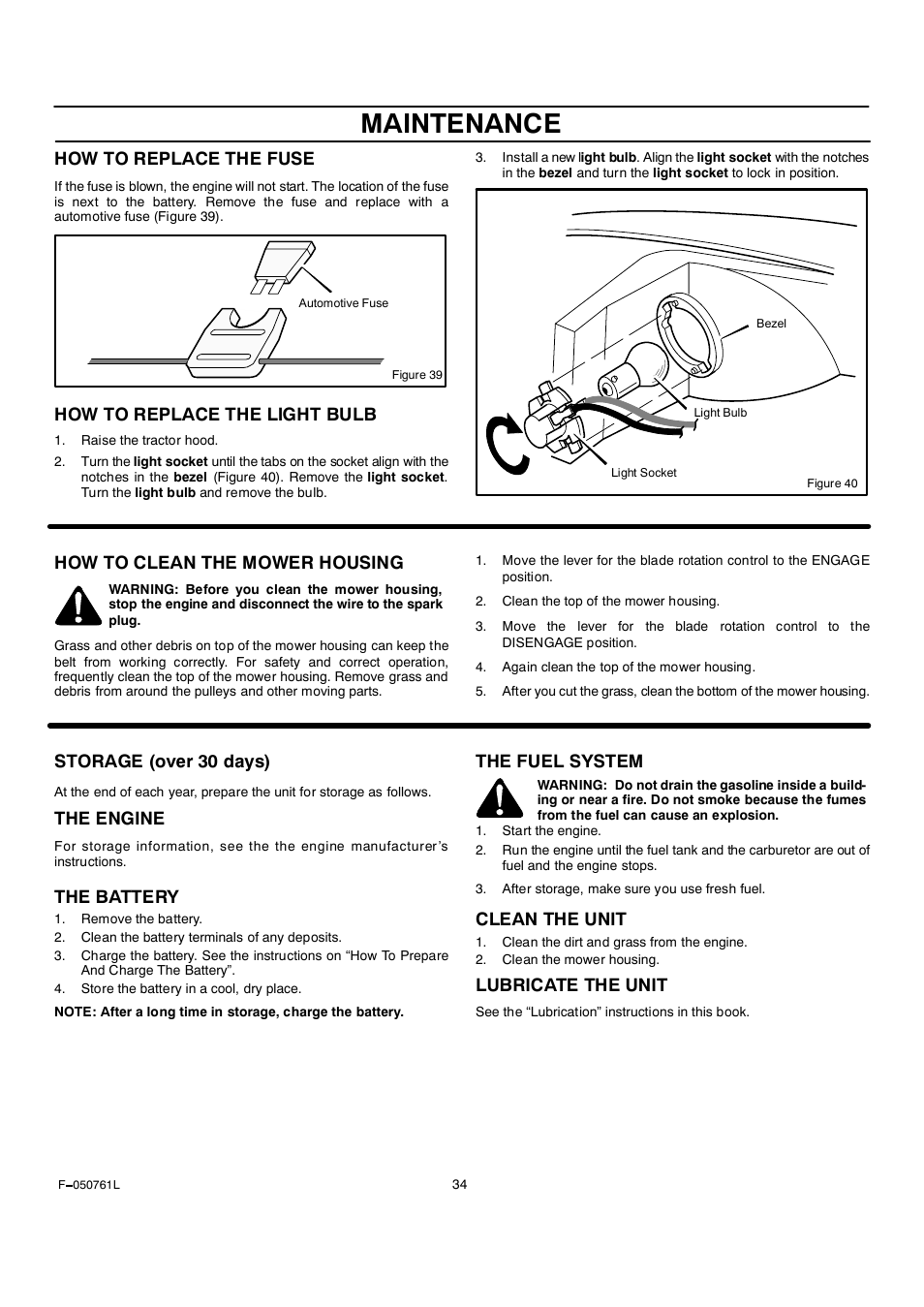 Maintenance, How to replace the fuse, How to replace the light bulb | How to clean the mower housing, Storage (over 30 days), The engine, The battery, The fuel system, Clean the unit, Lubricate the unit | Rover 425621x108A User Manual | Page 34 / 52