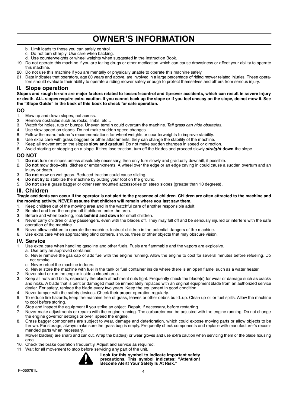 Owners information, Ii. slope operation, Iii. children | Iv. service | Rover 425621x108A User Manual | Page 4 / 52