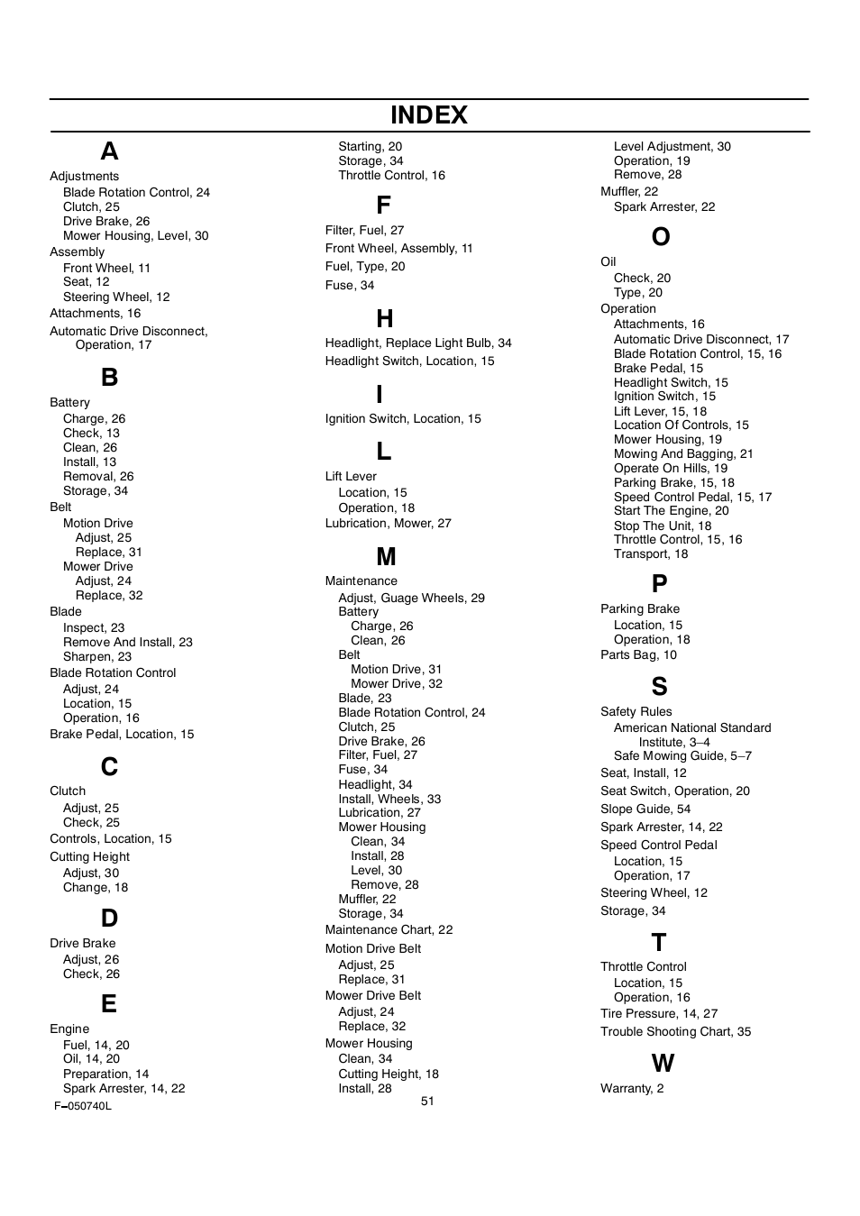 Index | Rover 425621x108A User Manual | Page 51 / 52