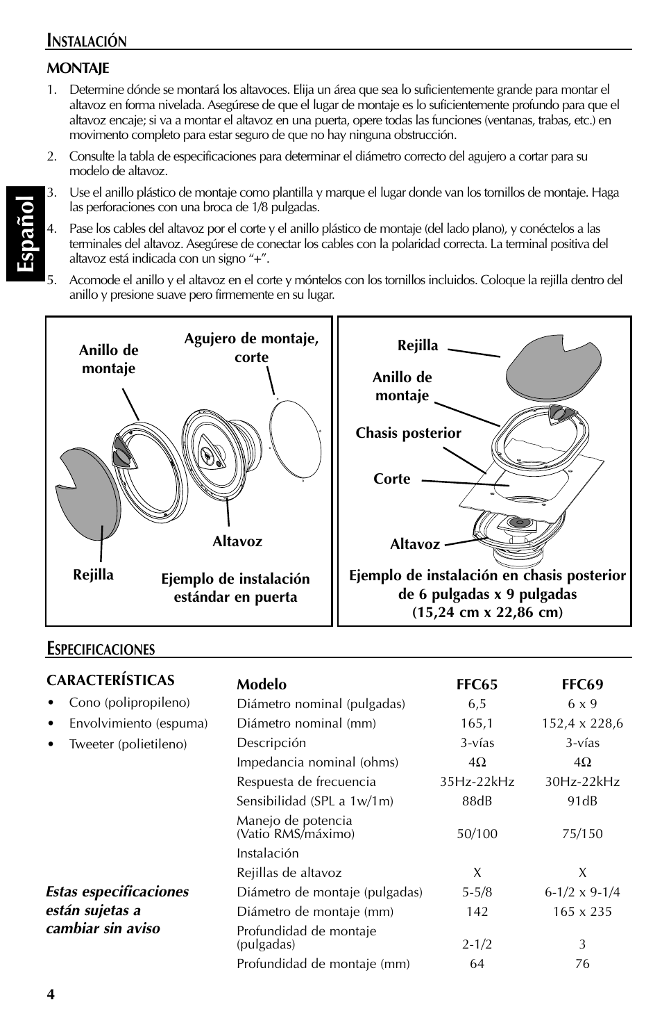 Espa ñ ol | Rockford Fosgate FFC69 User Manual | Page 12 / 24