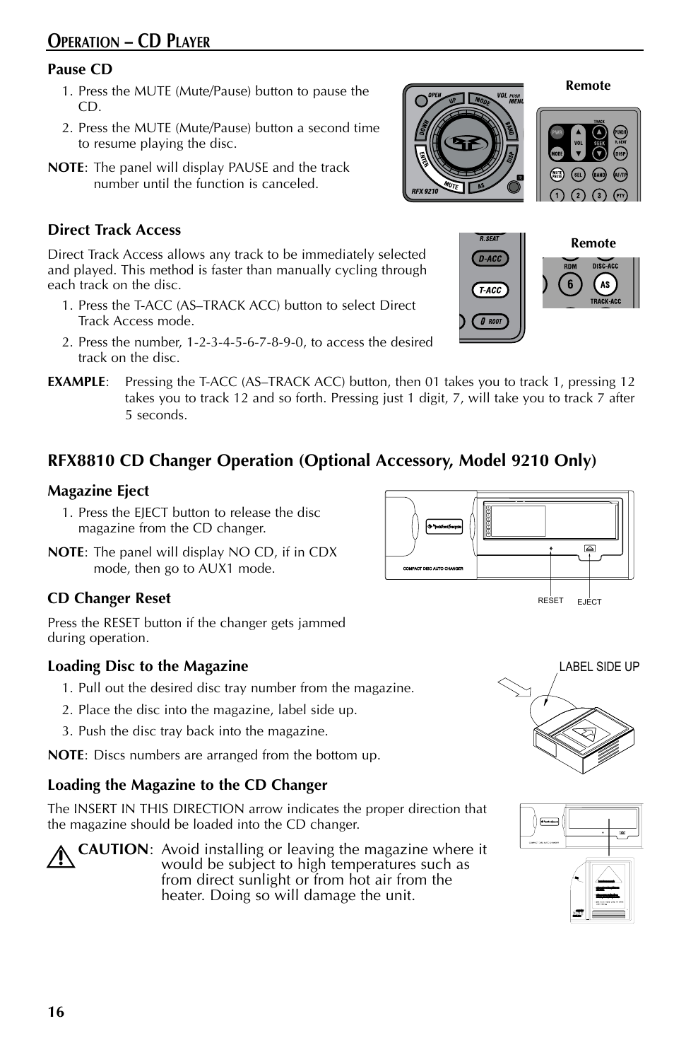 Cd p, 16 pause cd, Direct track access | Magazine eject, Cd changer reset, Loading disc to the magazine, Loading the magazine to the cd changer, Peration, Layer | Rockford Fosgate RFX9110 User Manual | Page 16 / 76
