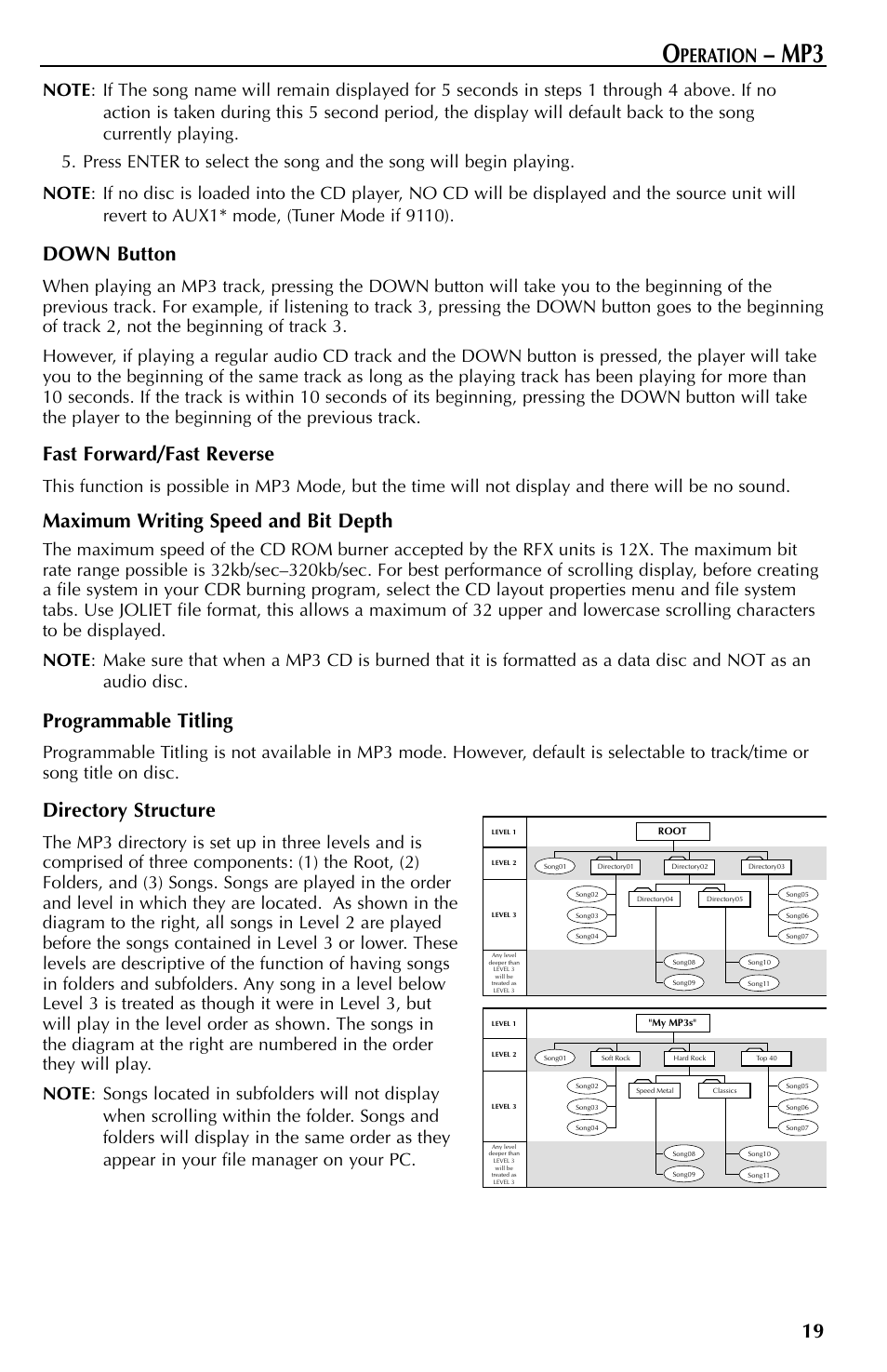 Peration, Down button, Fast forward/fast reverse | Maximum writing speed and bit depth, Programmable titling, Directory structure | Rockford Fosgate RFX9110 User Manual | Page 19 / 76