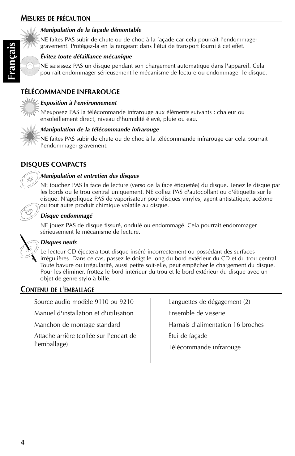 Fran çais, Esures de précaution, Ontenu de l | Télécommande infrarouge, Disques compacts | Rockford Fosgate RFX9110 User Manual | Page 28 / 76