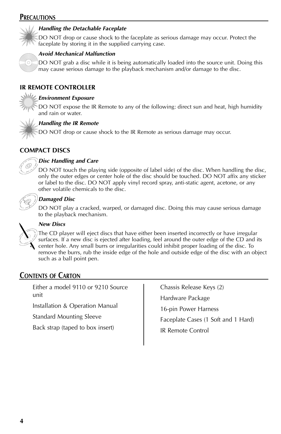 Recautions, Ontents of, Ir remote controller | Compact discs | Rockford Fosgate RFX9110 User Manual | Page 4 / 76