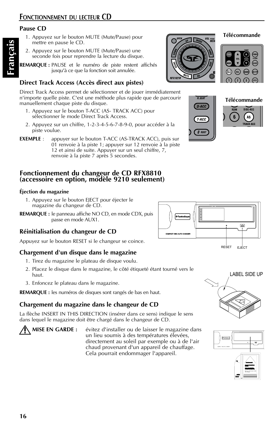 Fran çais, Pause cd, Direct track access (accès direct aux pistes) | Réinitialisation du changeur de cd, Chargement d'un disque dans le magazine, Chargement du magazine dans le changeur de cd, Onctionnement du lecteur | Rockford Fosgate RFX9110 User Manual | Page 40 / 76