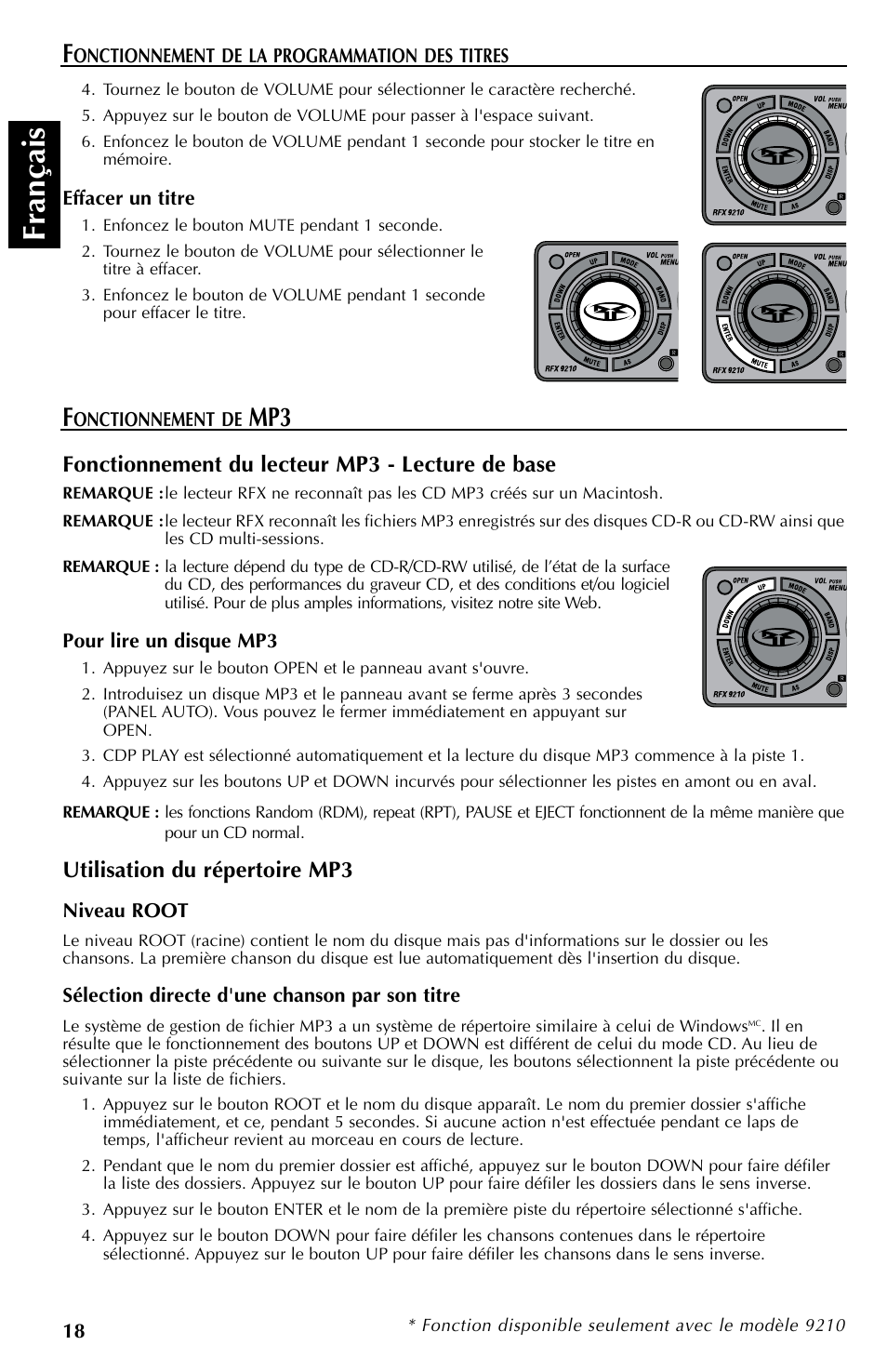 Fran çais, Fonctionnement du lecteur mp3 - lecture de base, Utilisation du répertoire mp3 | Rockford Fosgate RFX9110 User Manual | Page 42 / 76