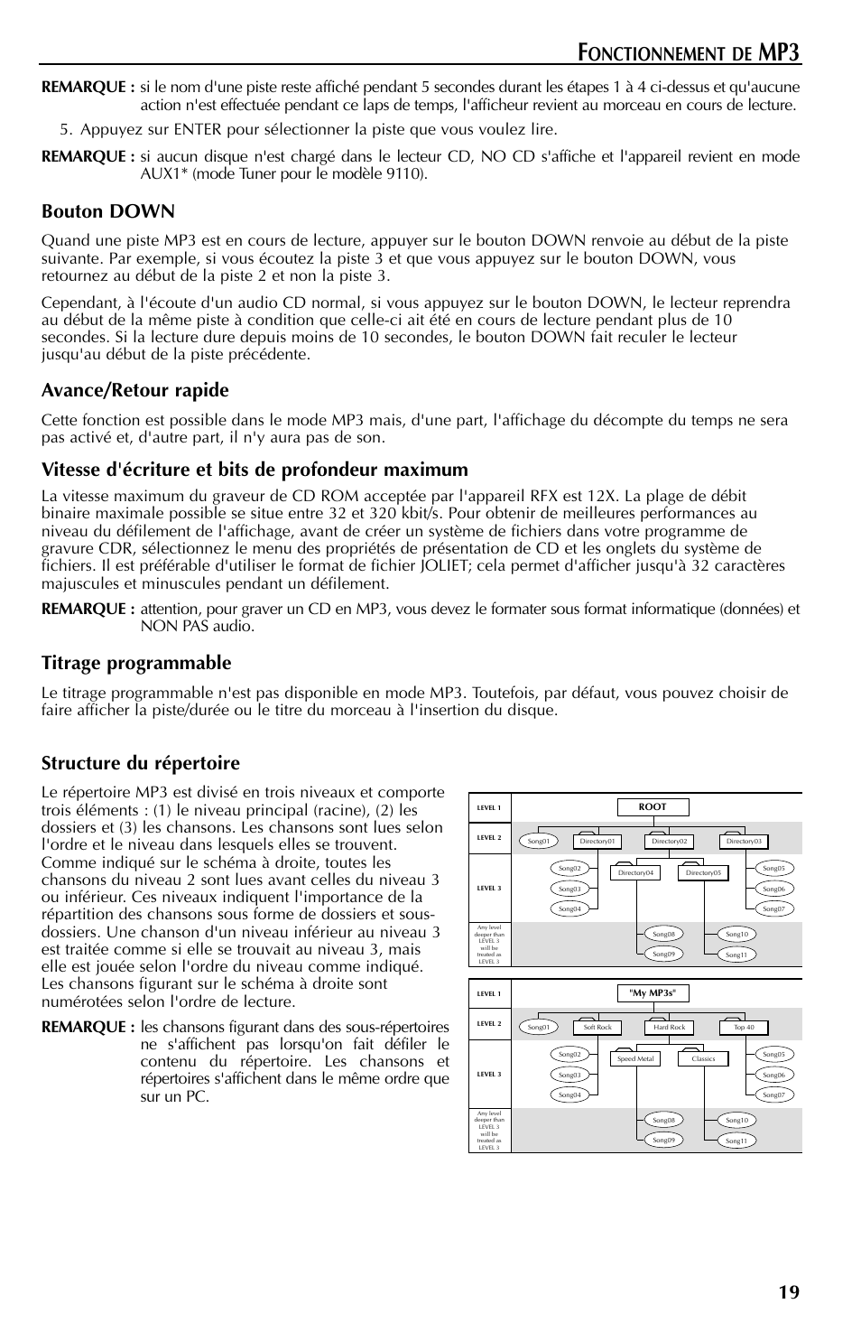 Onctionnement de, Bouton down, Avance/retour rapide | Vitesse d'écriture et bits de profondeur maximum, Titrage programmable, Structure du répertoire | Rockford Fosgate RFX9110 User Manual | Page 43 / 76