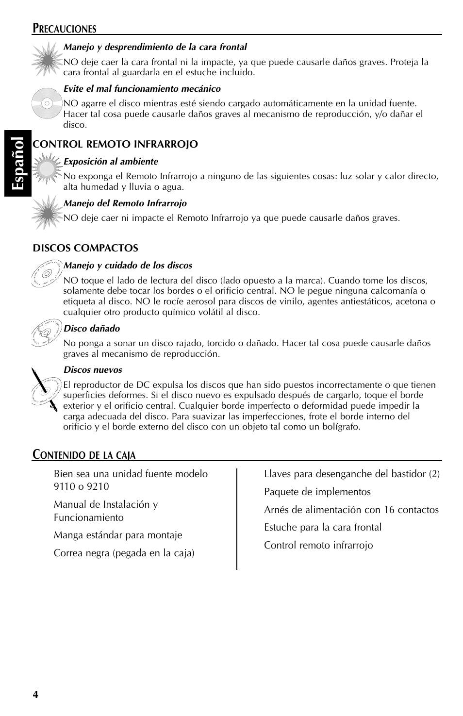 Espa ñ ol, Recauciones, Control remoto infrarrojo | Discos compactos | Rockford Fosgate RFX9110 User Manual | Page 52 / 76