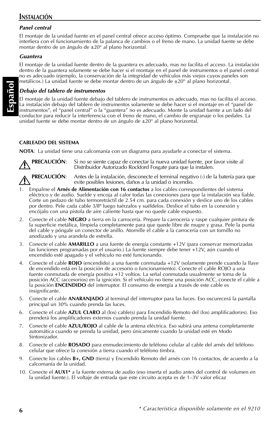 Espa ñ ol | Rockford Fosgate RFX9110 User Manual | Page 54 / 76